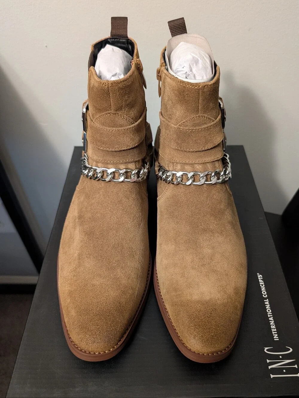 Men's INC International Concepts Brown Suede Boots with Silver Chain